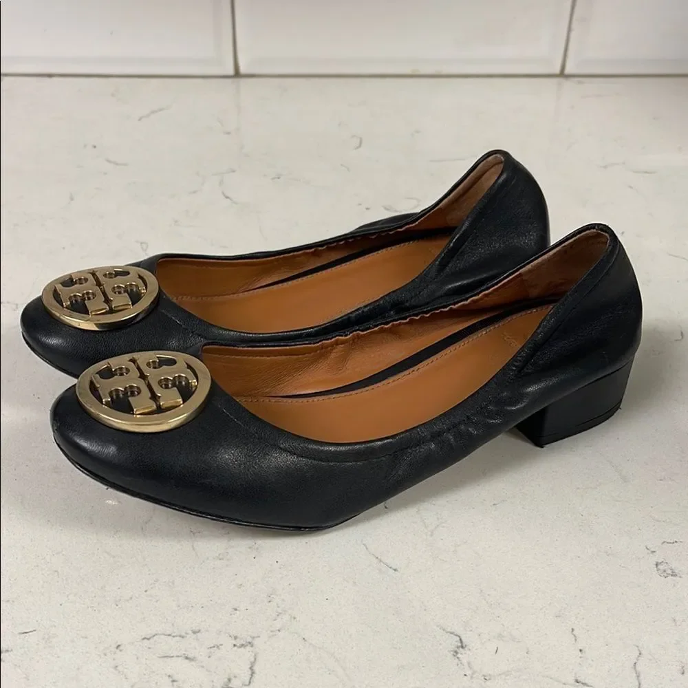 Tory Burch Benton 2 Nappa Leather Shoes Size 6.5 Black Leather Ballet Style